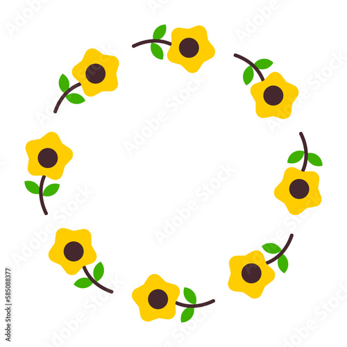 Circle border with sunflower and leaf. Sun flowers round frame. Greeting card invitation decorative.