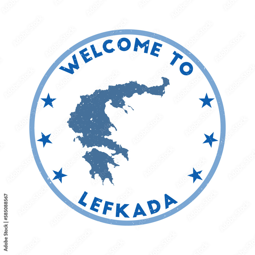 Welcome to Lefkada stamp. Grunge island round stamp with texture in Wing Commander color theme. Vintage style geometric Lefkada seal. Radiant vector illustration. Welcome to Lefkada stamp. Grunge island round stamp with texture in Wing Commander color theme. Vintage style geometric Lefkada seal. Radiant vector illustration.
