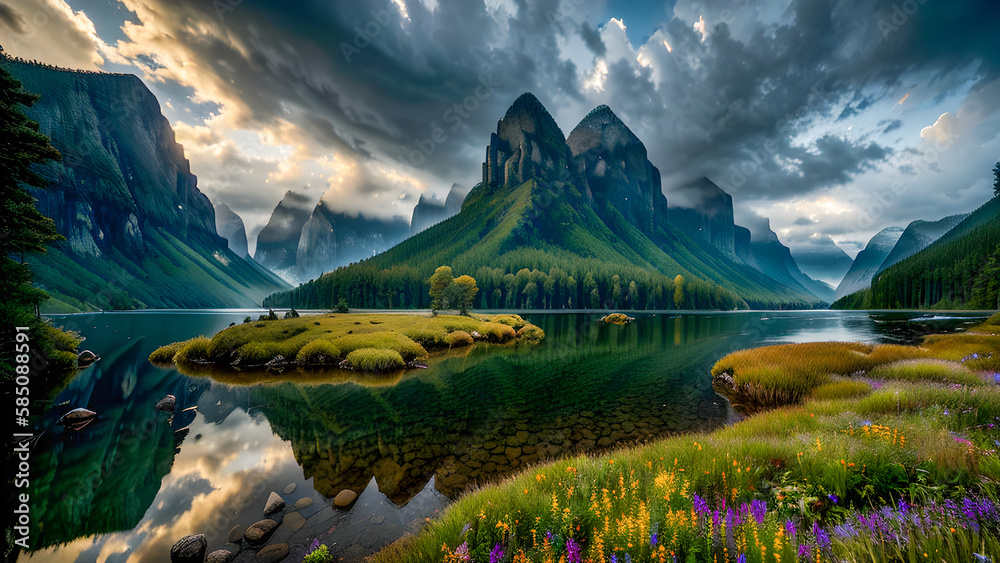 Naklejka premium Magnificient Mountains Valleys Lake Flower garden serene trees forest landscape illustration. Ai generated for kids books, paintings, wall arts, canvas,