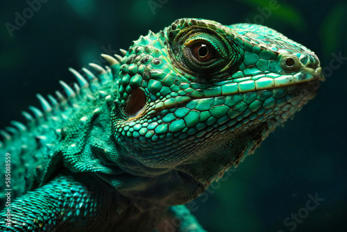A vibrant emerald reptile  up close and personal