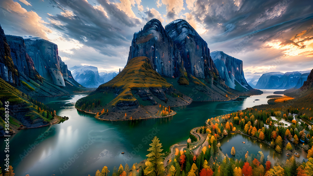 Obraz premium Scenic landscape with mountains rivers lakes in cool atmosphere Generative AI