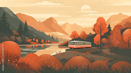 Illustration with a retro camper van standing at a lake