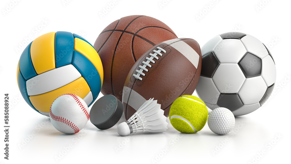 Different sport balls and equipment. Soccer, ffotball, basketball, handball rugby and volleyball balls, hockey puck and badminton shuttlecock isolated on white.