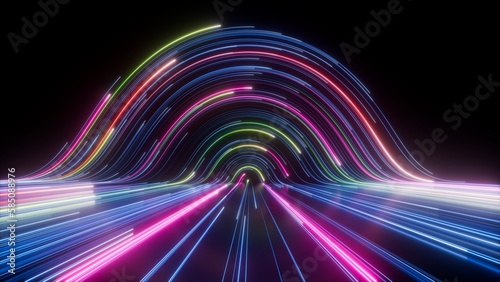3d render, abstract neon background. Glowing curvy lines inside the virtual space. Digital data transfer. Futuristic minimalist wallpaper