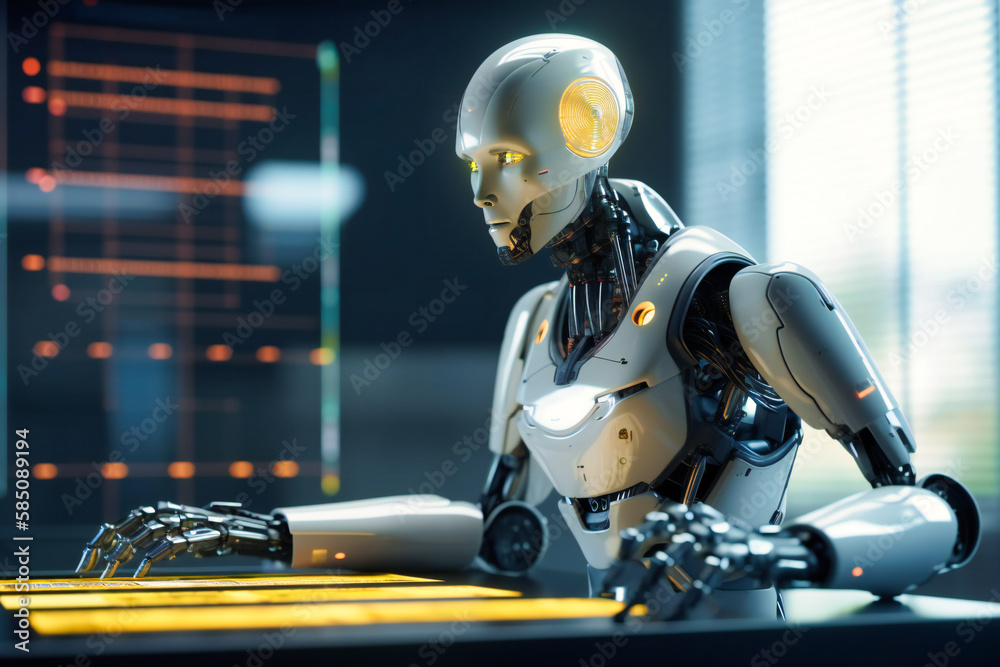 Robot financial analyst presenting quarterly earnings report to shareholders Robot financial analyst presenting quarterly earnings report to shareholders