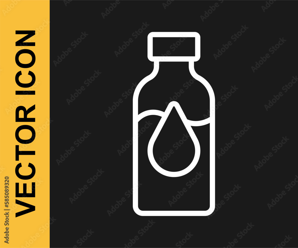 White line Oil petrol test tube icon isolated on black background. Cmemistry flask and falling drop. Vector White line Oil petrol test tube icon isolated on black background. Cmemistry flask and falling drop. Vector