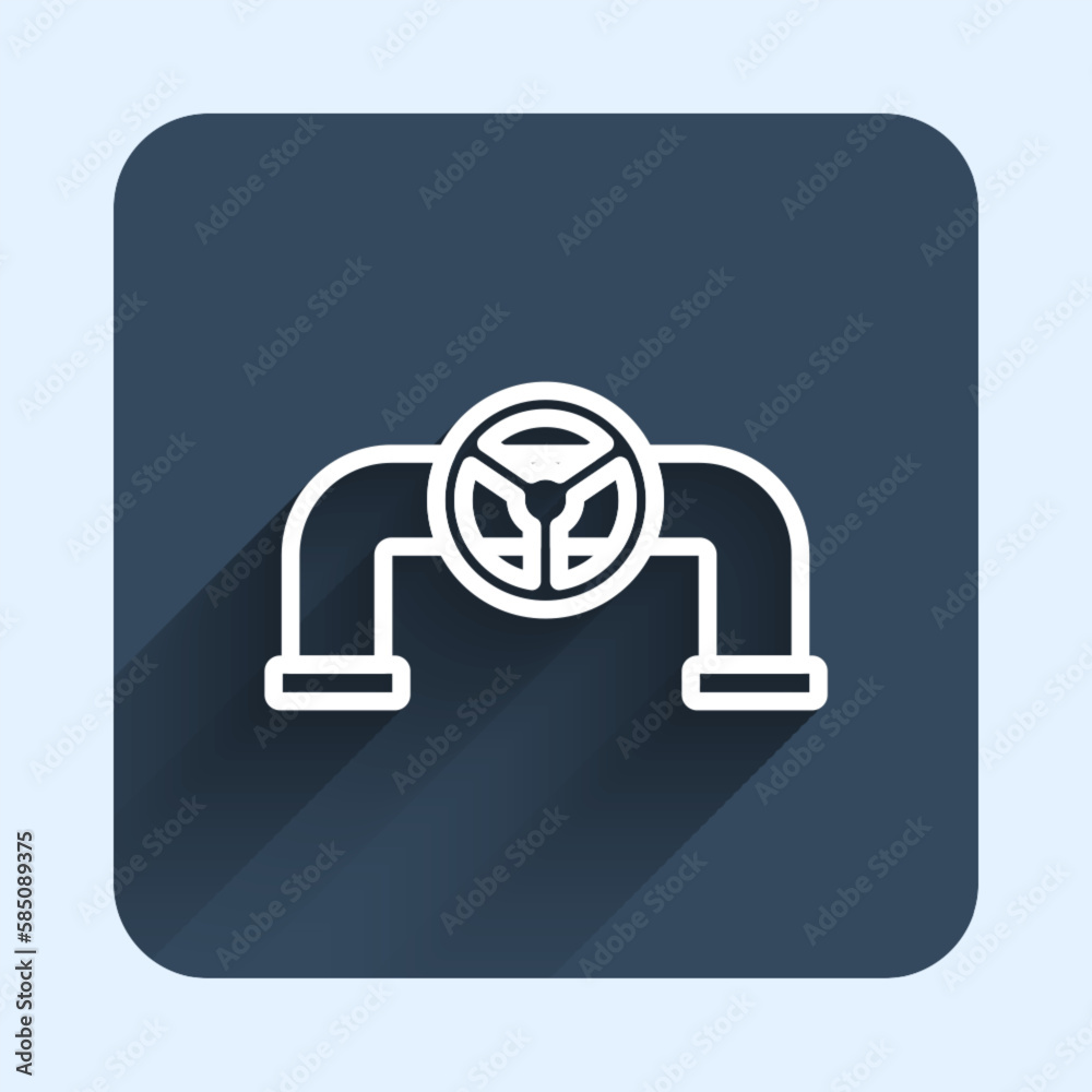 White line Oil pipe with valve icon isolated with long shadow background. Blue square button. Vector White line Oil pipe with valve icon isolated with long shadow background. Blue square button. Vector