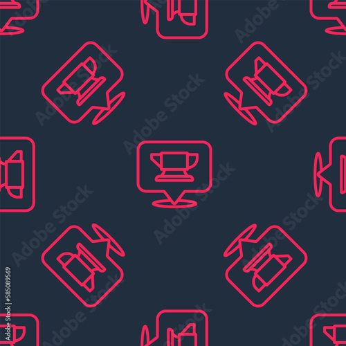 Red line Blacksmith anvil tool icon isolated seamless pattern on black background. Metal forging. Forge tool. Vector