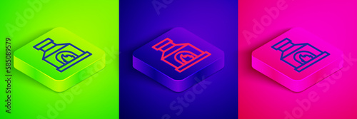 Isometric line Blacksmith oven icon isolated on green, blue and pink background. Square button. Vector