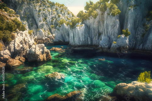 The stunning sea cliffs and rock formations of Croatia's Dalmatian Coast provide a dramatic summer travel background, with crystal-clear water and breathtaking views