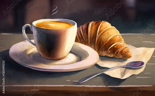 drawn croissant and cup of coffee on cafe background watercolor pastry organic food illustrations Generative AI