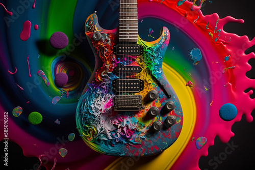 Guitar and a vivid color bomb explosion background, ultra-realistic rendering, ideal for colorful wall art, home décor, and gifts for animal lovers. Generative AI
