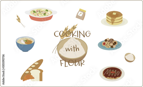 小麦粉を使った料理のイラストセット