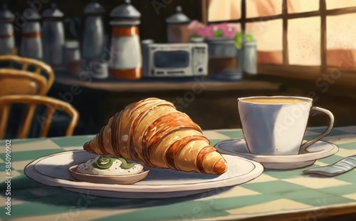 drawn croissant and cup of coffee on cafe background watercolor pastry organic food illustrations Generative AI © mureli