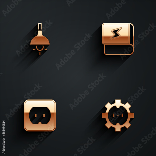 Set Lamp hanging, Book about electricity, Electrical outlet and icon with long shadow. Vector