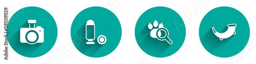Set Photo camera, Bullet, Paw search and Hunting horn icon with long shadow. Vector