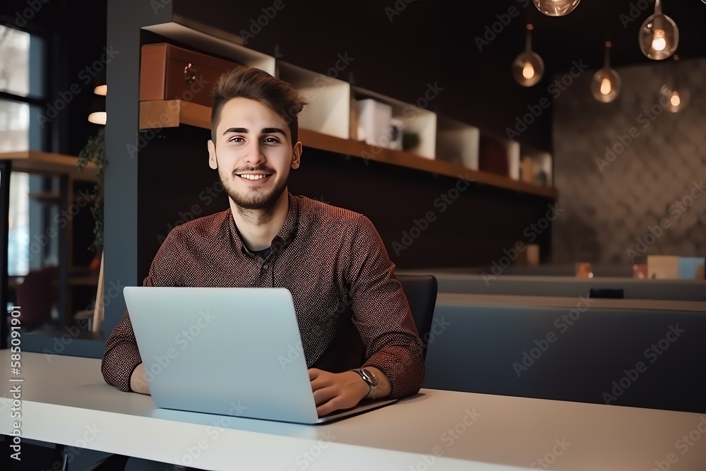 Portrait of smiling businessman in the office looking at the camera. Young entrepreneur. Generative AI Portrait of smiling businessman in the office looking at the camera. Young entrepreneur. Generative AI
