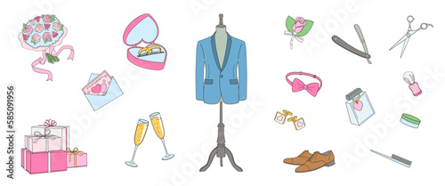set  items needed for a groom to look his best in wedding day, color vector illustration