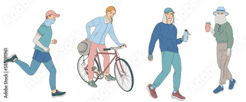 people protect themselves against the solar radiation and UV ultraviolet while exercising outdoors, woman on a bike, man and women walking, man jogging with protective clothes and hats