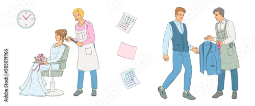 bride and  groom is preparing for wedding day, hairdresser makes the bride's hairstyle, tailor proposal suit for groom,  color vector illustration