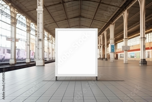 The billboard stands on the platform of the railway station, sunny soft light, frontal view.    Generative AI. 