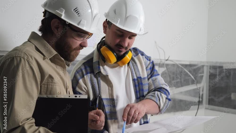 Two male civil engineers in white helmets with a black folder and paper drawings of indoor plans. The foreman indicates to the builder on the drawing the work plan using a pen. High quality 4k footage Two male civil engineers in white helmets with a black folder and paper drawings of indoor plans. The foreman indicates to the builder on the drawing the work plan using a pen. High quality 4k footage