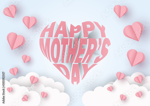 Vector happy mother's day heart paper style illustration and 3D text.