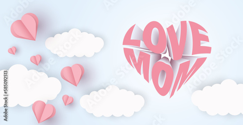 Vector happy mother's day heart paper style illustration and 3D text.