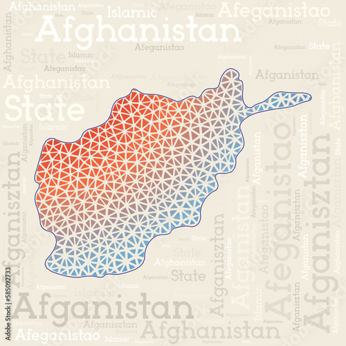 Afghanistan map design. Country names in different languages and map shape with geometric low poly triangles. Amazing vector illustration of Afghanistan.