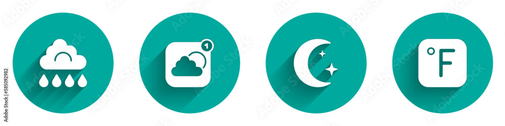 Set Cloud with rain, Weather forecast app, Moon and stars and Fahrenheit icon with long shadow. Vector Set Cloud with rain, Weather forecast app, Moon and stars and Fahrenheit icon with long shadow. Vector
