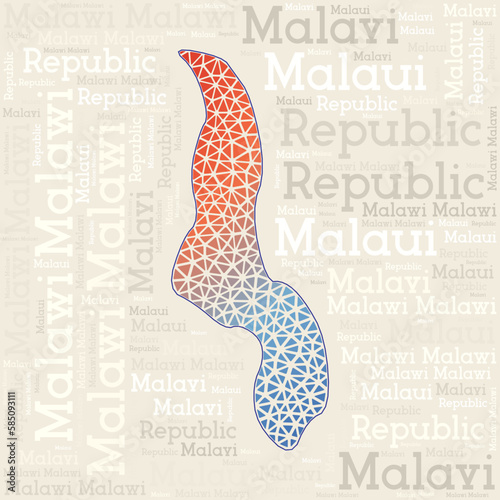 MALAWI map design. Country names in different languages and map shape with geometric low poly triangles. Amazing vector illustration of Malawi.