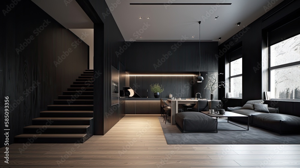 Fototapeta premium Modern living room by black wooden style, interior