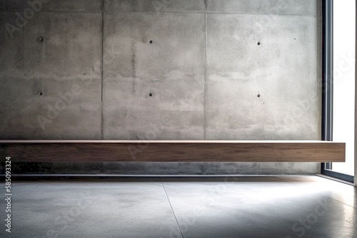 Plain floating wooden ledge at bench height against stark simple concrete background, product presentation environment