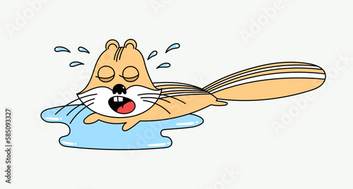 A sad cartoon chipmunk lies in a puddle of tears and cries. Children's character.
