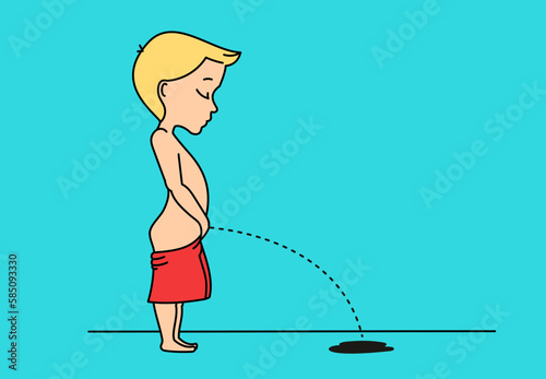 Pissing boy. Colored flat vector illustration with outline.