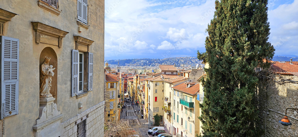 Panoramic view of the city of Nice, France in part of its historical buildings in the central part. Côte d'Azur - French Riviera