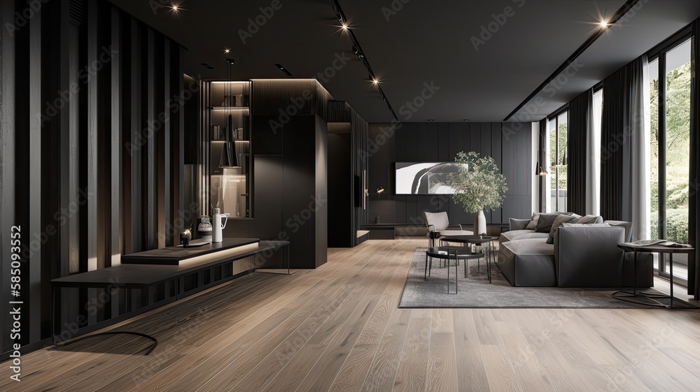 Fototapeta premium Modern living room by black wooden style, interior