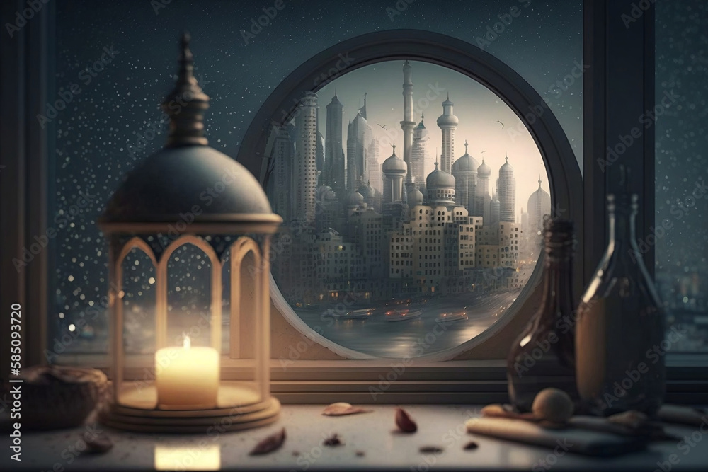 Obraz premium A lantern hanging from a street in a city Islamic background, generative ai