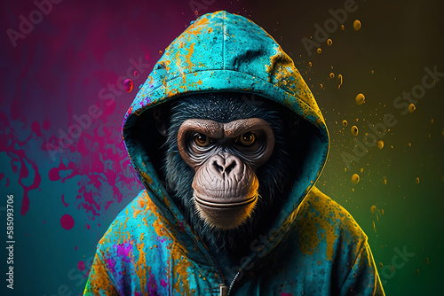 Monkey in a scratchy hoody surrounded by a vivid color bomb explosion background, ultra-realistic rendering, ideal for colorful wall art, home décor, and gifts for animal lovers. Generative AI