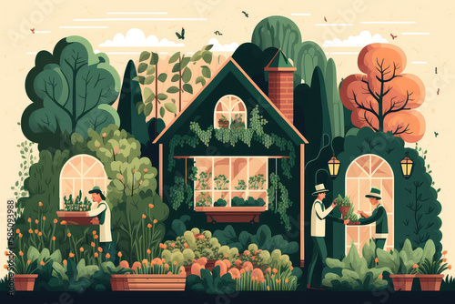 Garden and gardening. illustration of people working in the garden, beds, growing plants, greenhouses for a poster, cover or background (ai generated)