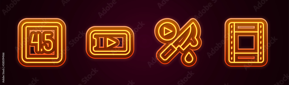 Set line Rating movie, Online play video, Thriller and Play. Glowing neon icon. Vector Set line Rating movie, Online play video, Thriller and Play. Glowing neon icon. Vector