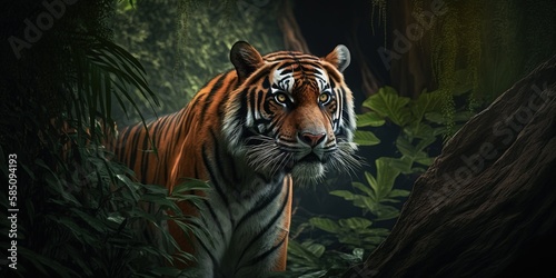 A beautiful photography of a tiger in a jungle with Generative AI technology
