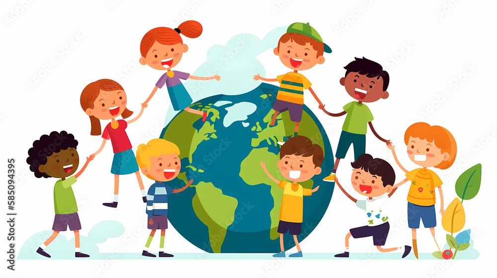 children playing together with planet earth. concept illustration of earth day and environmental preservation. generative ai children playing together with planet earth. concept illustration of earth day and environmental preservation. generative ai