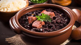 Brazilian traditional feijoada with black beans, pork, rice, cassava and orange. top view over wooden table. generative ai
