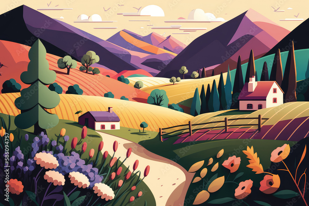 Nature. Cute illustration of landscape, village, countryside, meadow, field of flowers and mountains for poster, background or cover (ai generated)