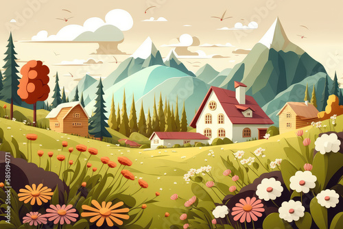 Nature. Cute illustration of landscape, village, countryside, meadow, field of flowers and mountains for poster, background or cover (ai generated)