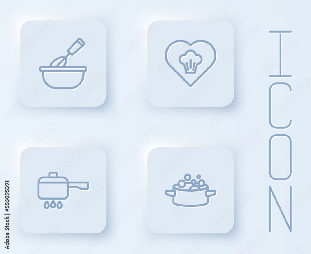 Set line Cooking whisk with bowl, Chef hat, pot on fire and . White square button. Vector Set line Cooking whisk with bowl, Chef hat, pot on fire and . White square button. Vector