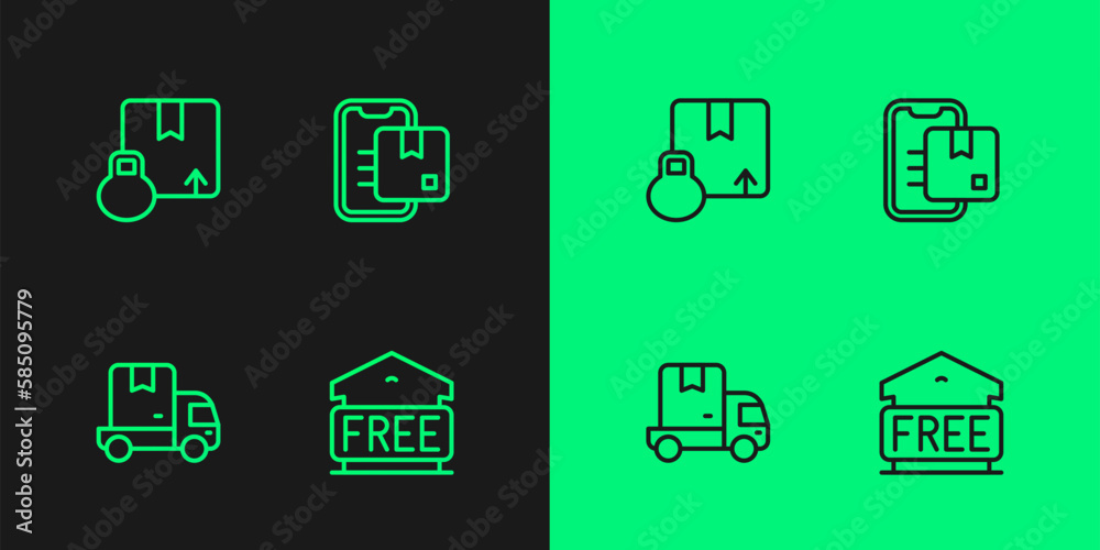 Set line Free storage, Delivery cargo truck, Carton cardboard box and Document tracking marker icon. Vector Set line Free storage, Delivery cargo truck, Carton cardboard box and Document tracking marker icon. Vector