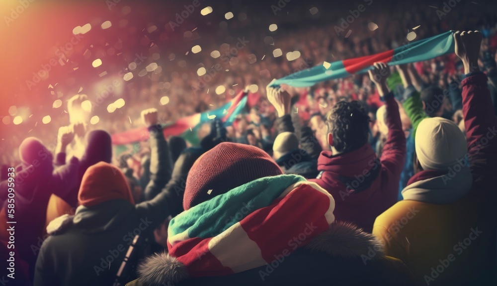 Digital painting of Support. Back view of football, soccer fans cheering their team with colorful scarfs at crowded stadium at evening time. Concept of sport, cup, world, teamg, Generate Ai Digital painting of Support. Back view of football, soccer fans cheering their team with colorful scarfs at crowded stadium at evening time. Concept of sport, cup, world, teamg, Generate Ai