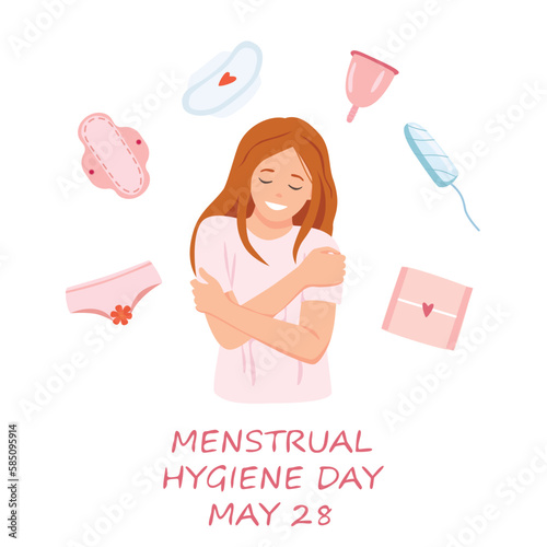 Menstrual hygiene day. Period concept. Various products for women intimate hygiene. Cartoon modern flat vector illustration